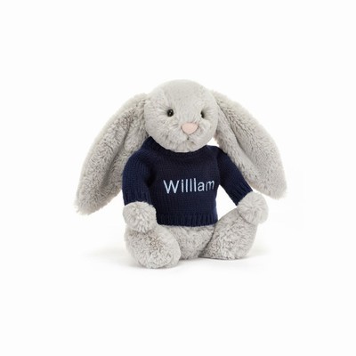 Jellycat Bashful Silver Bunny with Navy Jumper UK | 06931FQEB